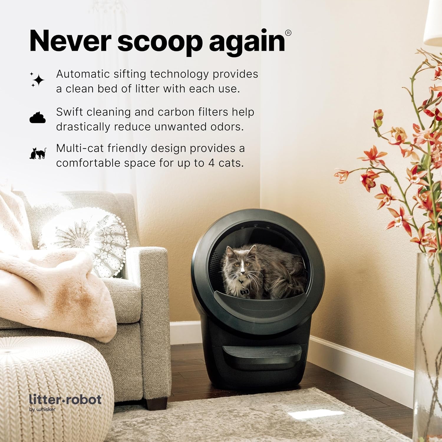 Litter-Robot 4 Complete Bundle by Whisker (Black) - Automatic Self-Cleaning Cat Litter Box with Odortrap Refills, Waste Drawer Liners, Ramp, Mat, and Fence