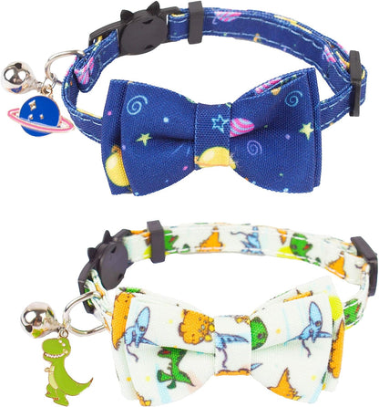 ADOGGYGO Cat Collar Breakaway with Cute Bow Tie Bell - 2 Pack Kitten Collar with Removable Bowtie Universe Dinosaur Pattern Cat Bowtie Collar for Cat Kitten (Dinosaur & Universe)