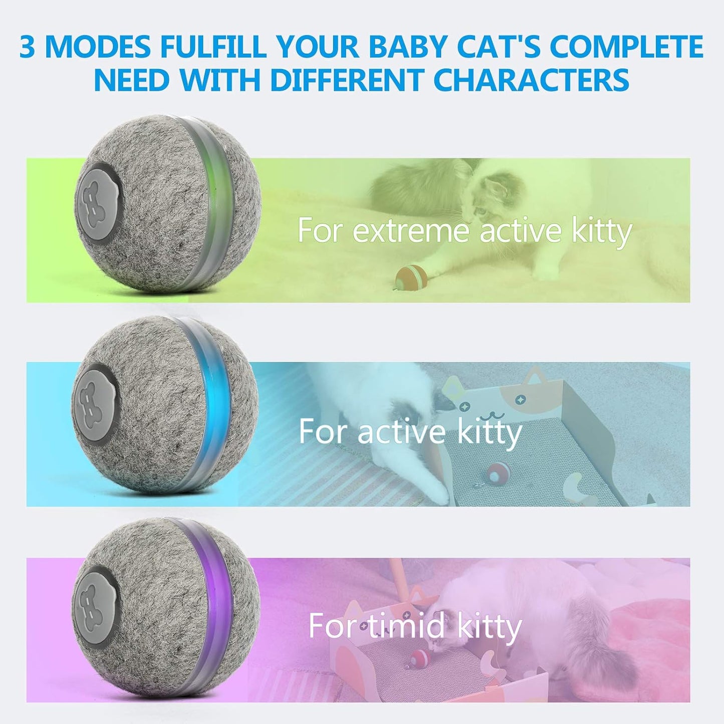 Cat Toys for Indoor Cats Smart Balls, [3 Modes for Cats' Different Personalities] [Upgrade Plush Material] Interactive Cat Toys Balls, USB Charging Cat Stuff