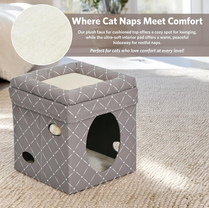 Midwest Homes for Pets Cat Cube - Cat House / Cat Condo in Fashionable Mushroom Diamond Print, 15.5L X 15.5W X 16.5H Inches