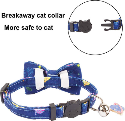 ADOGGYGO Cat Collar Breakaway with Cute Bow Tie Bell - 2 Pack Kitten Collar with Removable Bowtie Universe Dinosaur Pattern Cat Bowtie Collar for Cat Kitten (Dinosaur & Universe)