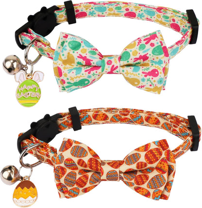 ADOGGYGO Cat Collar Breakaway with Cute Bow Tie Bell - 2 Pack Kitten Collar with Removable Bowtie Universe Dinosaur Pattern Cat Bowtie Collar for Cat Kitten (Dinosaur & Universe)