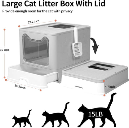 Large Top Entry Cat Litter Box with Lid, Foldable Cat Litter Box with Scoop, Extra Large Cat Litter Box Covered, Anti-Splashing Enclosed Cat Toilet Box(Gray)