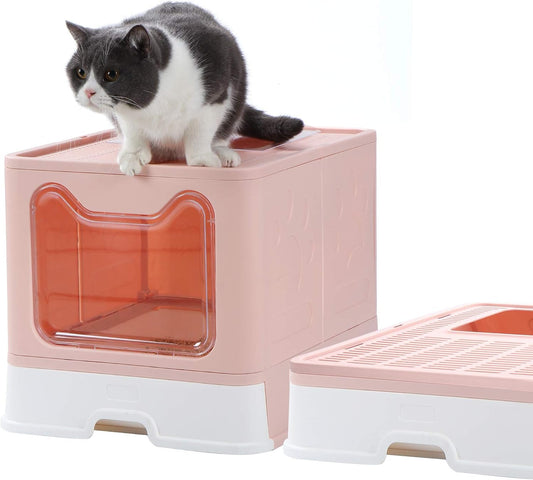 Enclosed Litter Box, Large, Foldable Top Entrance, Easy Clean, No Smell, Pink, Plastic, Cat Litter Box with Lid