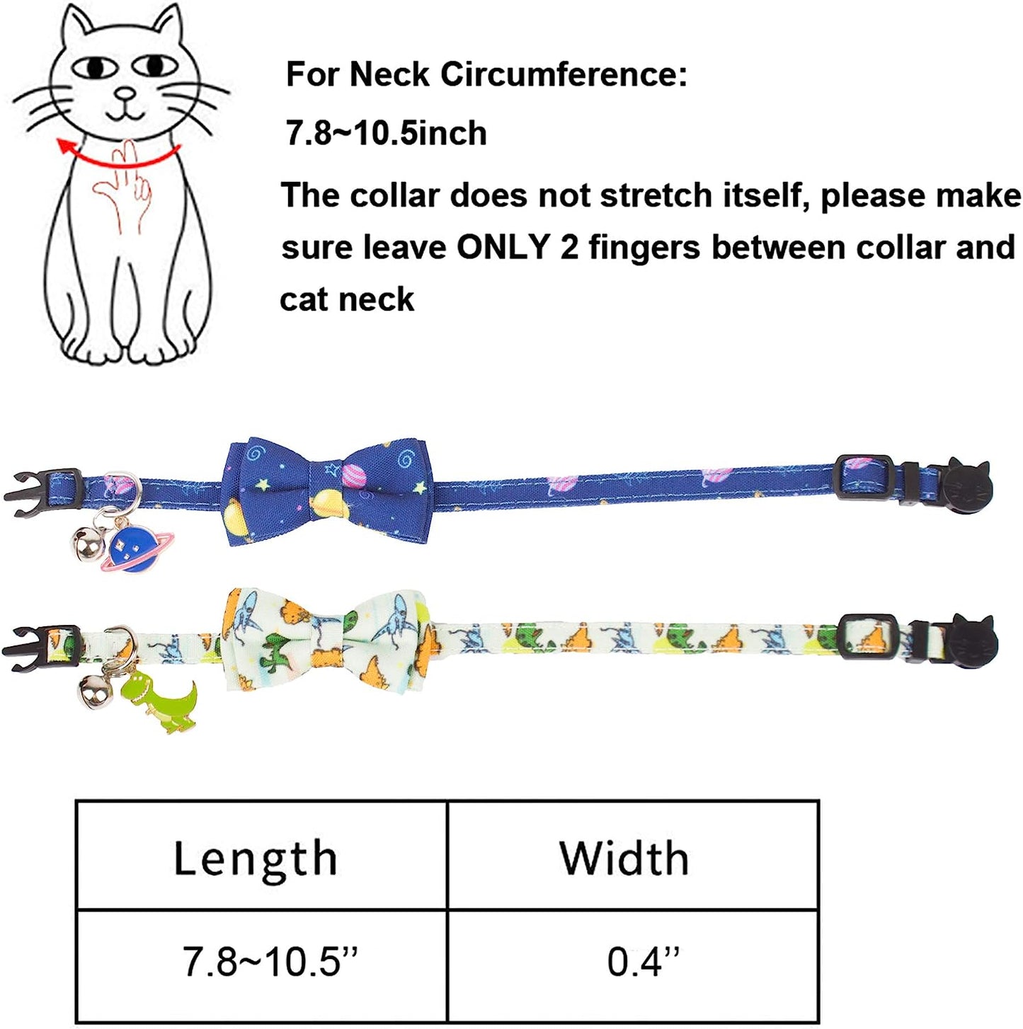 ADOGGYGO Cat Collar Breakaway with Cute Bow Tie Bell - 2 Pack Kitten Collar with Removable Bowtie Universe Dinosaur Pattern Cat Bowtie Collar for Cat Kitten (Dinosaur & Universe)