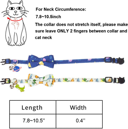 ADOGGYGO Cat Collar Breakaway with Cute Bow Tie Bell - 2 Pack Kitten Collar with Removable Bowtie Universe Dinosaur Pattern Cat Bowtie Collar for Cat Kitten (Dinosaur & Universe)