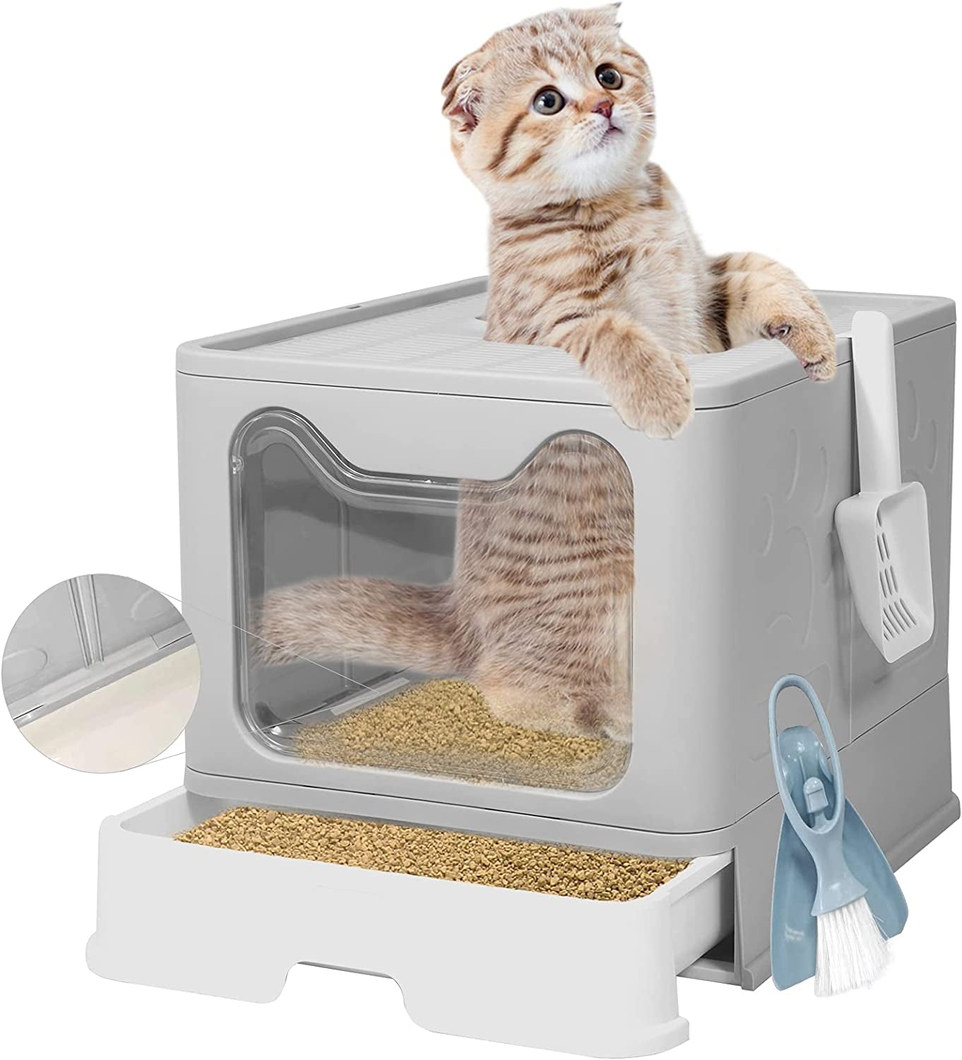 Large Top Entry Cat Litter Box with Lid, Foldable Cat Litter Box with Scoop, Extra Large Cat Litter Box Covered, Anti-Splashing Enclosed Cat Toilet Box(Gray)