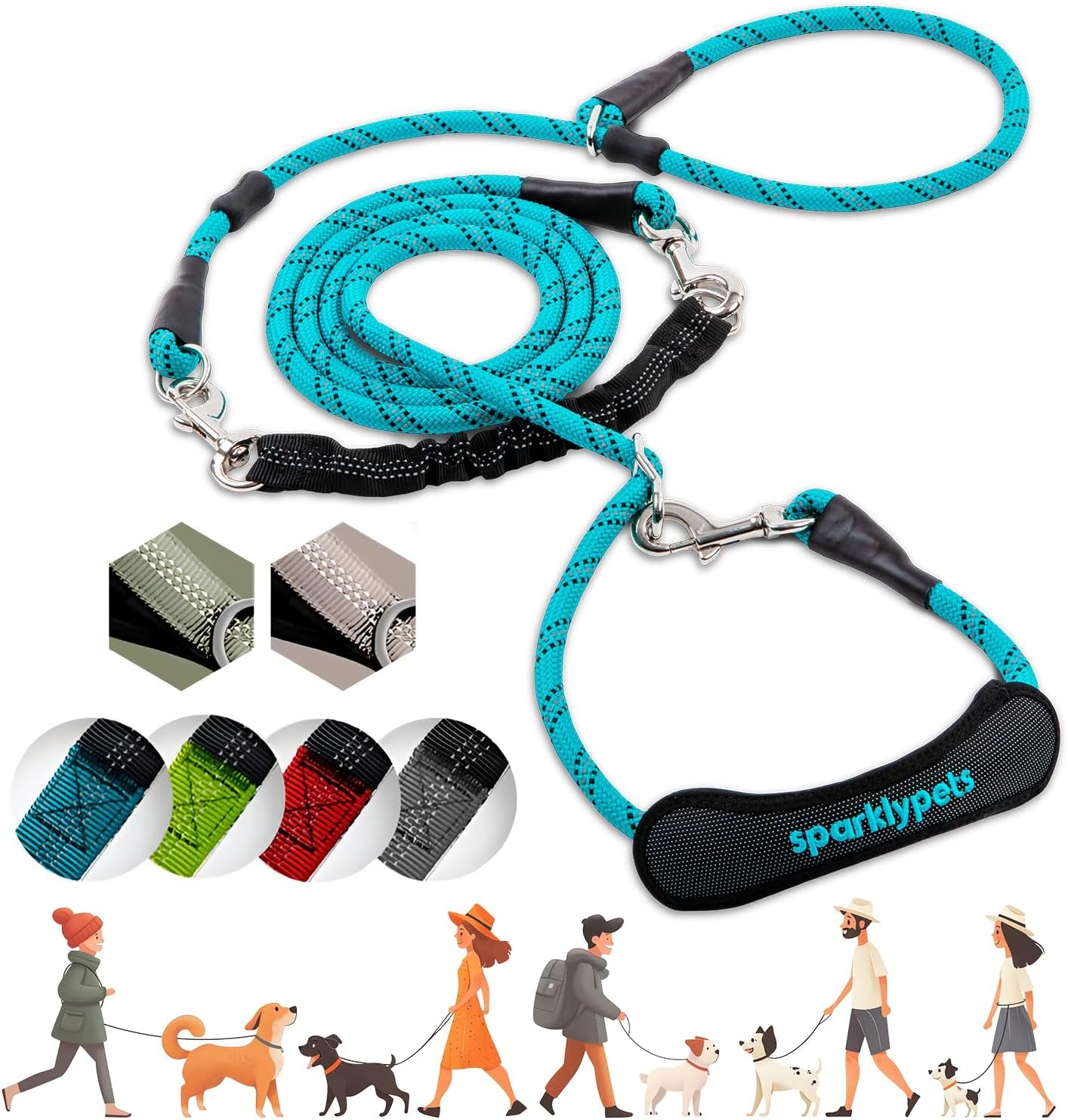 Heavy Duty Rope Bungee Leash for Large and Medium Dogs with Anti-Pull for Shock Absorption - No Slip Reflective Leash for outside (Teal, Bungee Leash- 5.5 Ft)