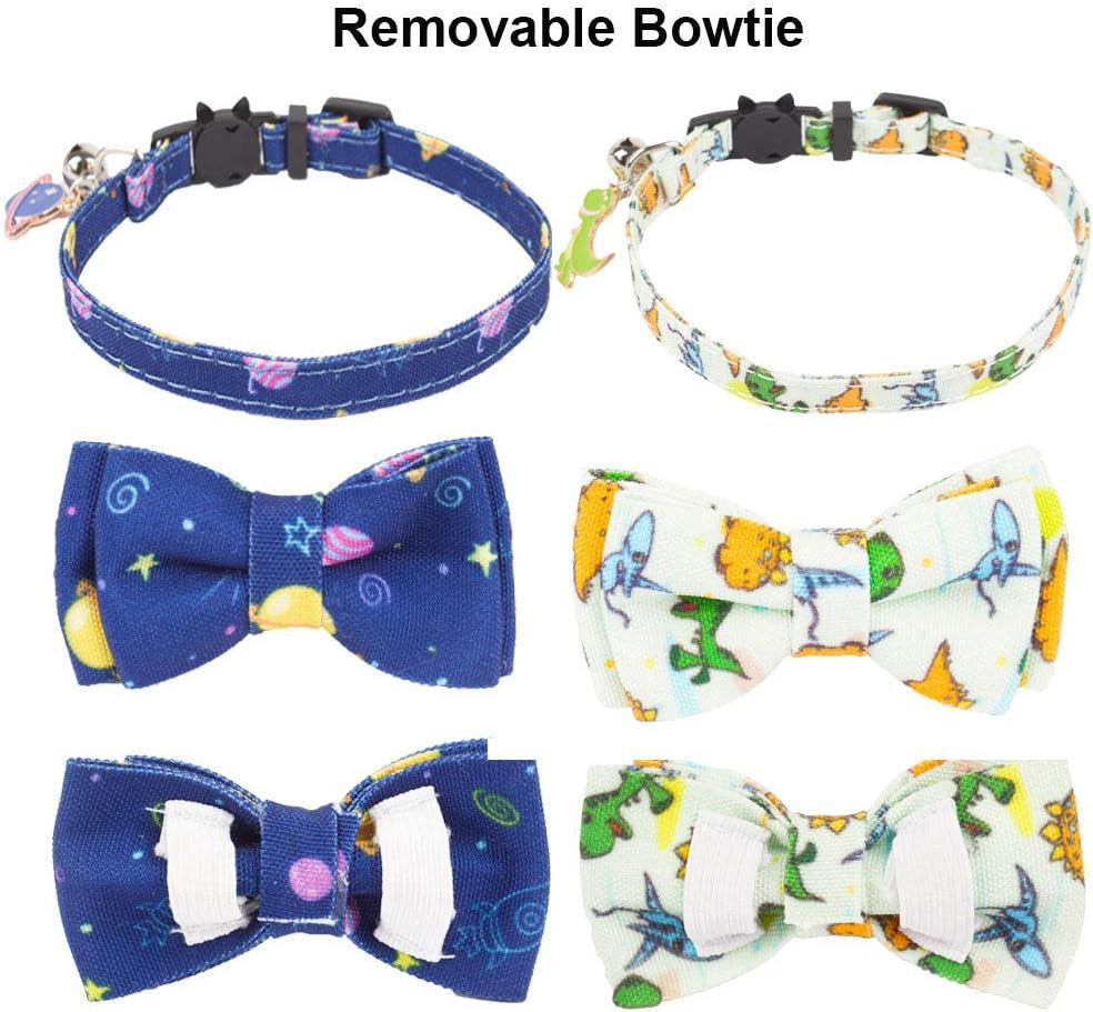 ADOGGYGO Cat Collar Breakaway with Cute Bow Tie Bell - 2 Pack Kitten Collar with Removable Bowtie Universe Dinosaur Pattern Cat Bowtie Collar for Cat Kitten (Dinosaur & Universe)