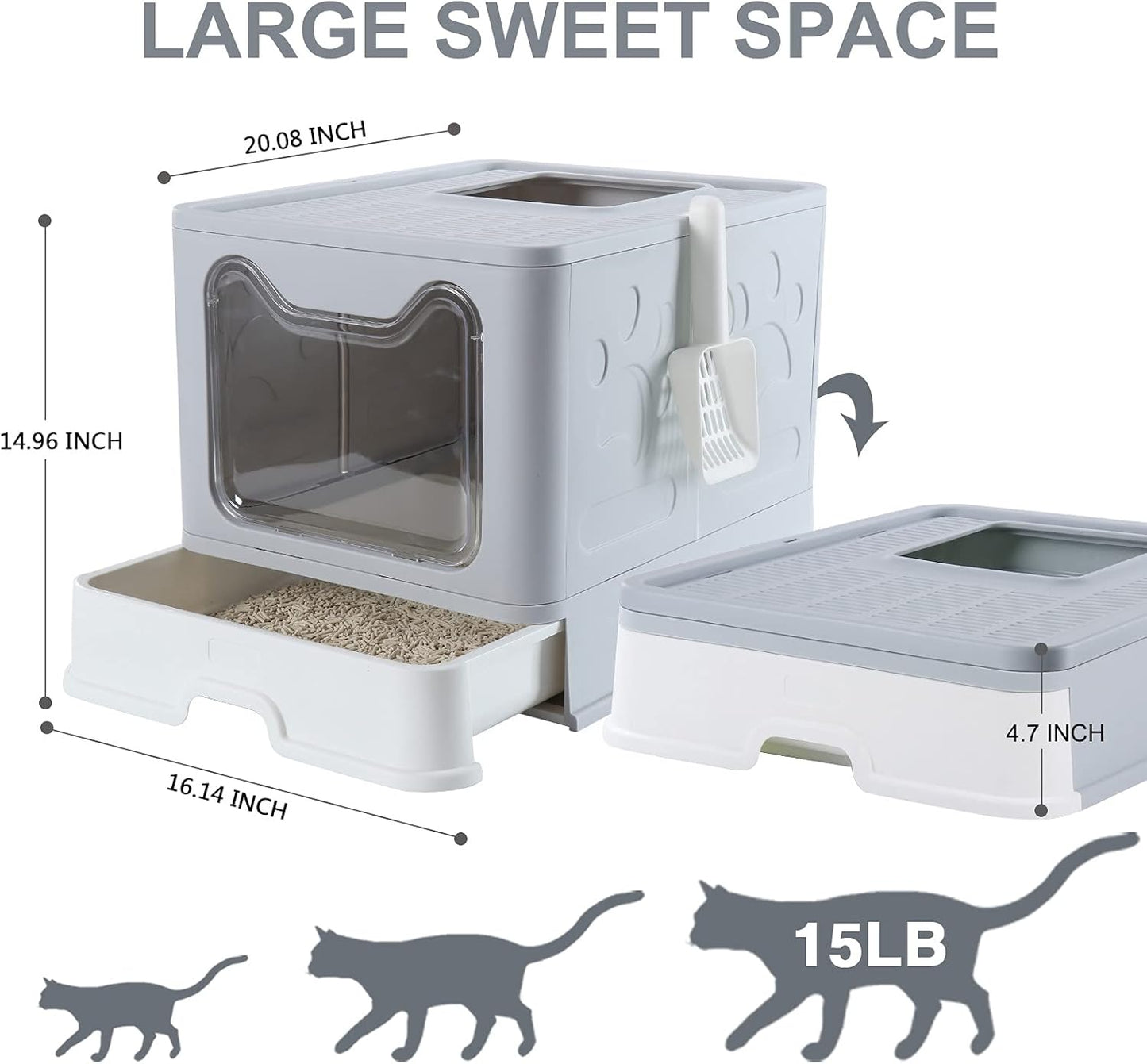 Large Cat Litter Box, Foldable Top Entry Litter Box with Lid ,Easy Clean No Smell Pet Kitty Litter Box Litter Pan Cat Potty