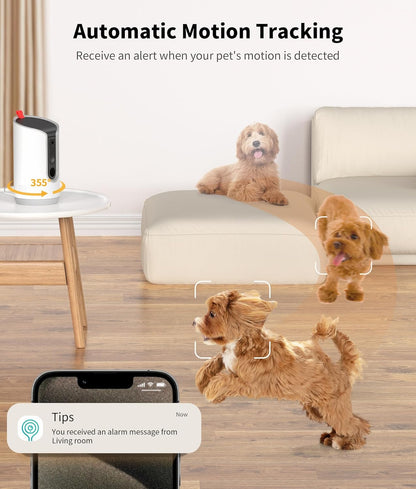 2K Pet Camera Treat Dispenser, 360°View Dog Camera with Phone App, 5G&2.4G Wifi 2-Way Talk Pet Camera Indoor for Cats Remote Treat Tossing, Motion Alerts, Auto Tracking