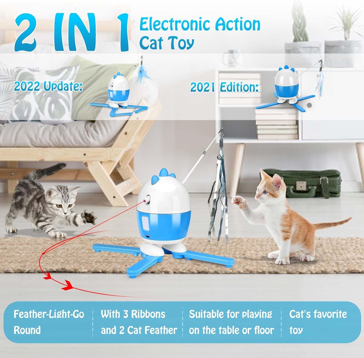 Cat Toys Interactive, Cat Light Toy and Cat Feather Toys 2 in 1, Recharge Cat Exercise Toys for Indoor Cats, Adjustable Cat Toy Automatic Light