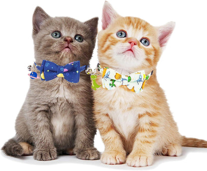 ADOGGYGO Cat Collar Breakaway with Cute Bow Tie Bell - 2 Pack Kitten Collar with Removable Bowtie Universe Dinosaur Pattern Cat Bowtie Collar for Cat Kitten (Dinosaur & Universe)